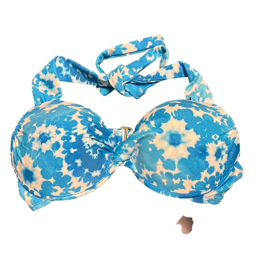 NWT Bisou Bisou Blue White Floral Bikini Top Swimsuit Tropical Vacation Sz Large